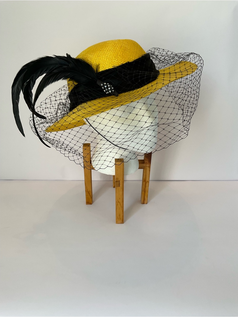 Vintage Miss Bierner Elegant Yellow Veiled Derby Hat with Black Feather Trim
